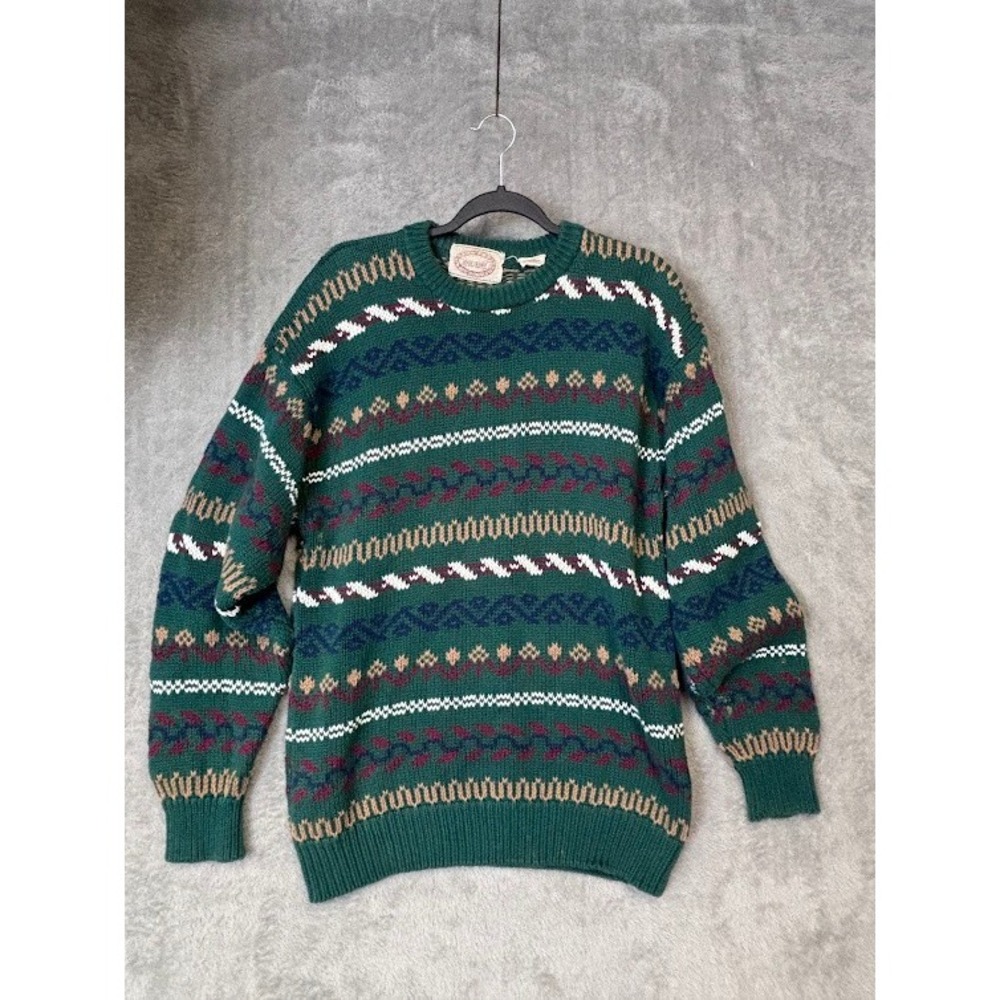 River Trader Green Geometric Pattern Cotton Sweater Mens Size L Vintage Retro - Picture 2 of 9